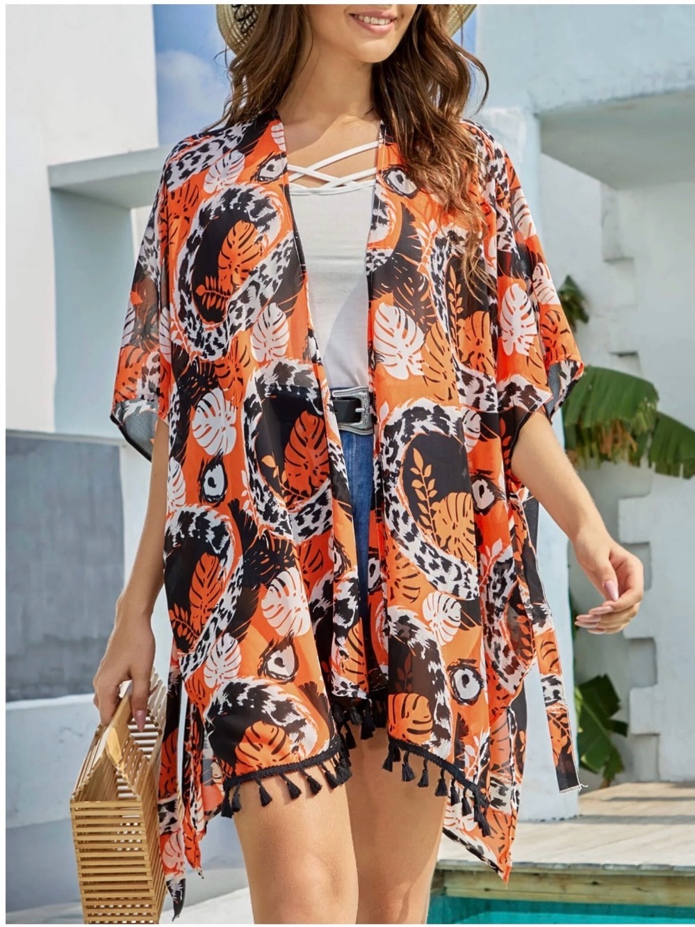 Women's Orange Tropical Print Kimono Cover-Up